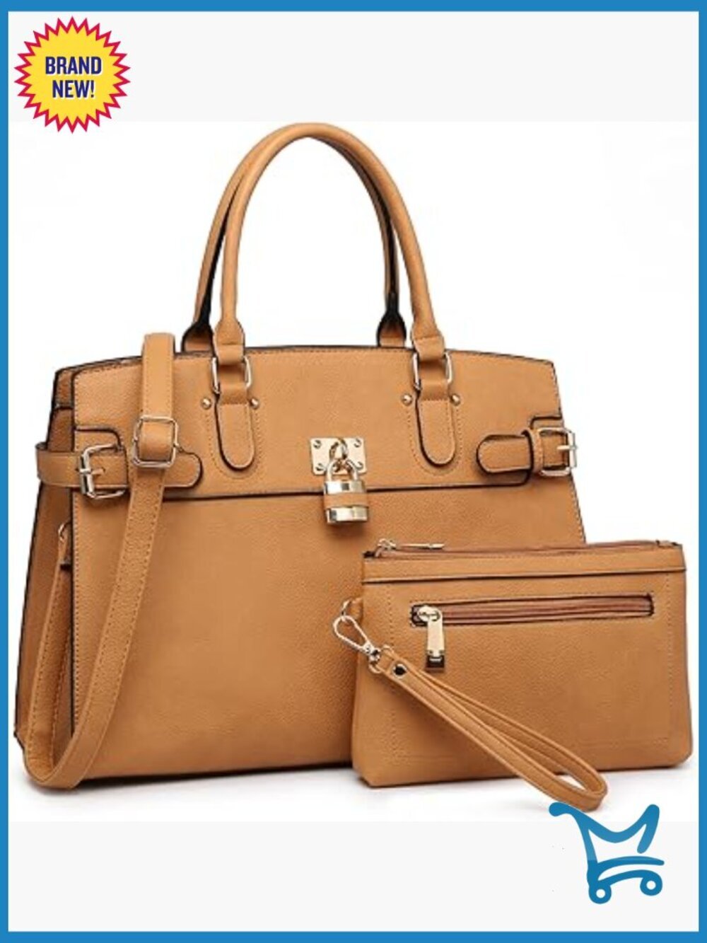 Large Vegan Leather Tote Bag with Wristlet, Top Handle, Zipper Closure